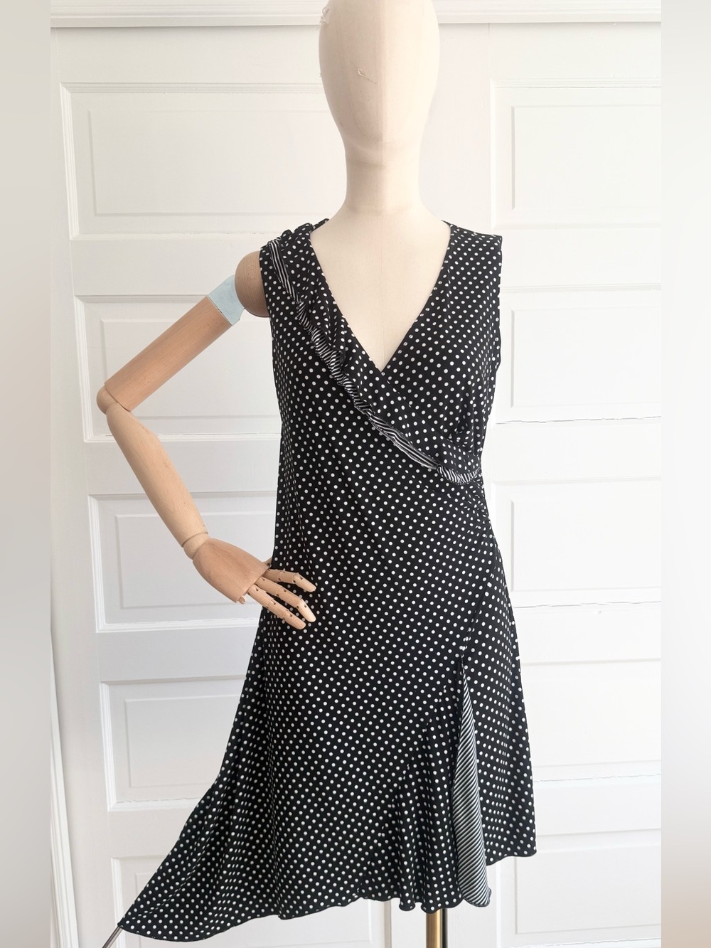 Sleeveless Polka Dot Wrap-Style Ruffle Dress